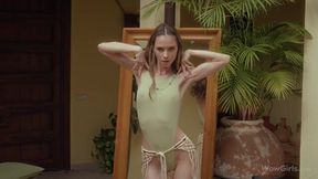 Skinny and young hottie Leona Mia is touching her shaved pussy