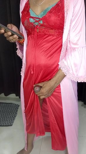 Hot satin sexy bra lanty and satin nighty wearing