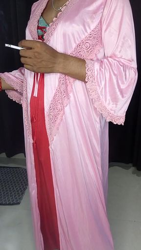 Hot satin sexy bra lanty and satin nighty wearing