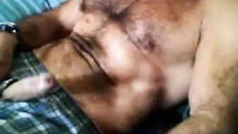 Hairy bear daddy with mustache jacks off solo