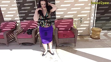 Pornstar Caroline Pierce pissing panties and blue skirt
