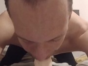 Skinny skinhead gives his dildo a sloppy blowjob and enjoys slapping dildo all around himself