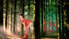 Pin-up lady posing in the forest  She shows her tits and pussy  Mesh tights  Special effect