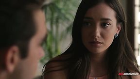 Sensual and fine young brunette seduced for sex on the couch