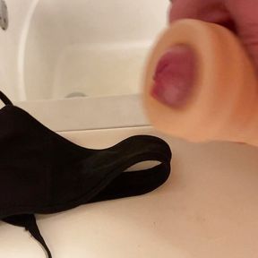 Use pocket pussy to cum on wifes black thong