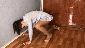 Slippery high heels on wet floor, high heels sliding on floor, slippery shoes