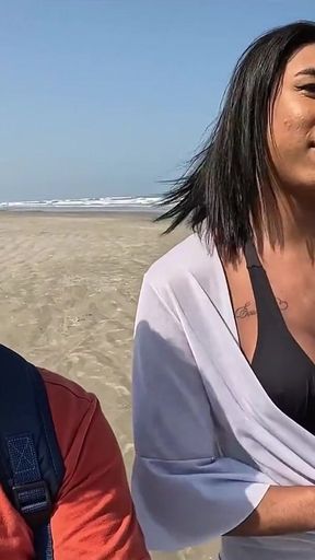 Baianinha Trans Fucks Couple on the Beach in Public