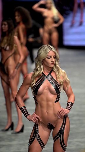 Blonde fitness babe shows off her muscular body in a micro bikini
