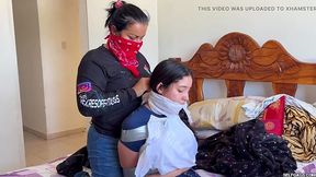 Masked OLDER WOMAN tapes and gags 18-yr-old Latina in lesbian fantasy