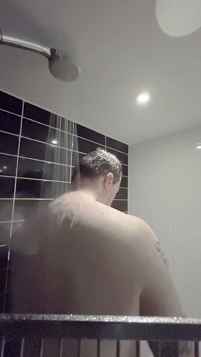 Chubby Tattooed Guy Showering