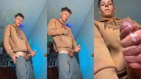 huge cumshot from a skinny boy with a surprisingly big cock
