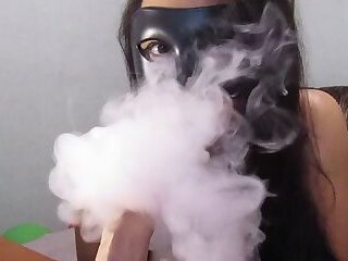 Naughty big boobs latina in black mask and latex gloves blo smoke on youre dick