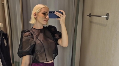 Try on haul transparent and latex clothes in the dressing room. Public fetish