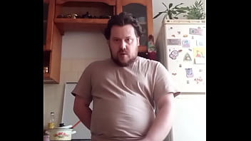 Gay man with big balls masturbates on camera, cums, pours fresh cum into his mouth and on his cheeky face!