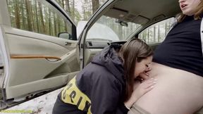 Hot brown-haired teen gets a facial after roadside assistance & gets drilled in the car