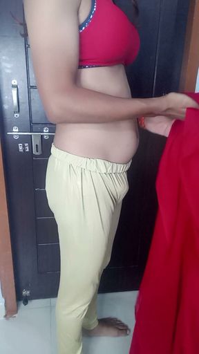 Indian stepmom seduce stepmom wearing infront of red saree removing