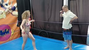 Blondie in bikini wrestles a guy