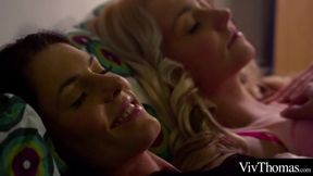 Beautiful lesbians make each other cum using a vibrator and scissoring