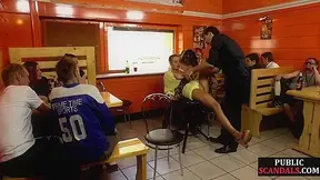 Busty public slut fucked and mouthjizzed in public pub