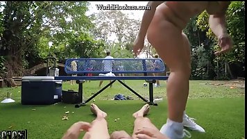 Nice tits blonde girl Callie Black sucks and rides dick outdoors