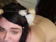 BBW submissive neko girl xxkittens pussy pounded by fuck machine while smoking a bowl, plug tail in