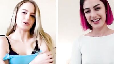 Two hot ladies are skyping and rubbing their pussies together