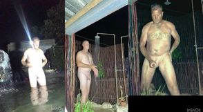 Busted big cock spurting cum and pee in pool and shower