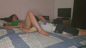 Husband catches wife and her lesbian lover having a steamy three-some with