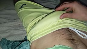 The Sexy Boy's Giant Cock Is Going to Burst in His Pants. Cum Squirts on His Hairy Balls