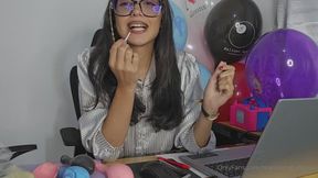 This super sexy secretary plays with her balloons, doing ride-to-pop and blow-to-pop in her office