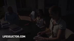 Lesbian office celebration turns foursome with Leya Desantis, Greta Foss and Jasmine Jayne