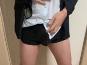 A Japanese office worker sprays myself in the mirror with sperm.