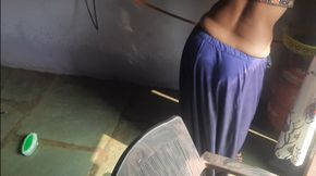 Stepsister in petticoat blouse cleaning the house and insisting to get rid of stepbrother