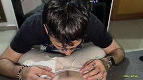 kneeling & horny: sniffing my boyfriend’s bulge till i cum on his cock & swallow both loads