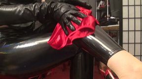 Red Satin Undies Are Used to Polish Mistress\' Skintight Slick Black...
