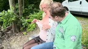 Sexy blonde with huge boobs rides on huge cock at lakeside