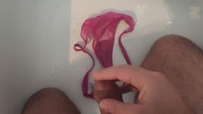 Handjob on the beautiful pink thong my cousin&amp;#039;s girlfriend thong tanga panties sperm
