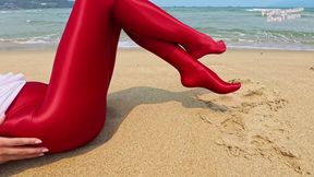 897 Shiny Red Spandex Pantyhose on the Beach
