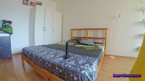 Big black dildo makes a tiny pussy pretty wide