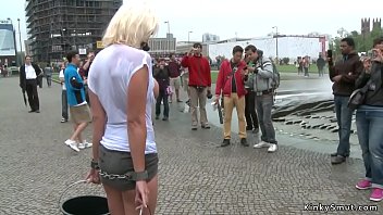 Busty blonde Euro slave Milf d  in public outdoor then whipped by master Steve Holmes