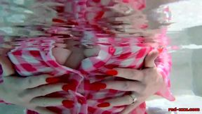 British MILF Red XXX gets off by fingering and sucking on a big cock while splashing around in the pool