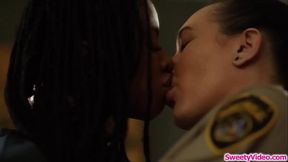 Ebony inmate eats lesbian wardens pussy