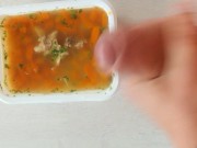 Soup with own cum - Flavoring delivered food from restaurant with own " flavor " and tasting it