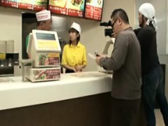 Fast food worker comes out behind the counter to suck and f