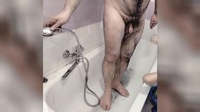 Amateur couple takes a bath, wife with hairy pussy, big ass, big tits. Amateur does yoga naked, hairy pussy, big ass.