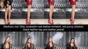 Marlboro red 100s, snakesking leather skirt, leather jacket, black leather top, red high heels and audible inhales and exhales plus smoke in your face!