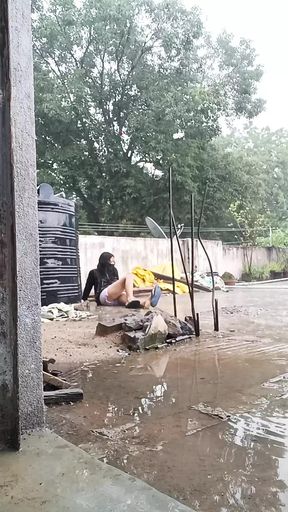 Cute desi college girl playing hard in rain boobies shake