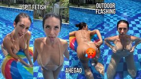 Ahegao, Spit, Outdoor Pussy & Tits flashing in the Pool