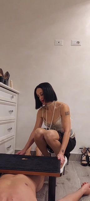 Slave Punished with Heel in the Cock and Final Cumshot