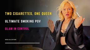 Double Trouble – Smoking Two 100s Cigarettes at the Same Time on the Sofa in Blazer, PVC Bra & Leather Mini – Crossed Legs & British Accent Throughout - Miss Lulu Leather - MP4 HD